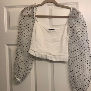 Zara white top with clear black dots on arms